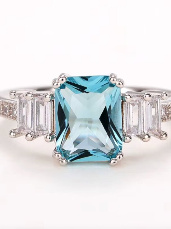 Emerald Cut Aquamarine Engagement Ring Diamond Halo & Band 18k White Gold Aquamarine Diamond Ring Band Emerald Cut Ring
